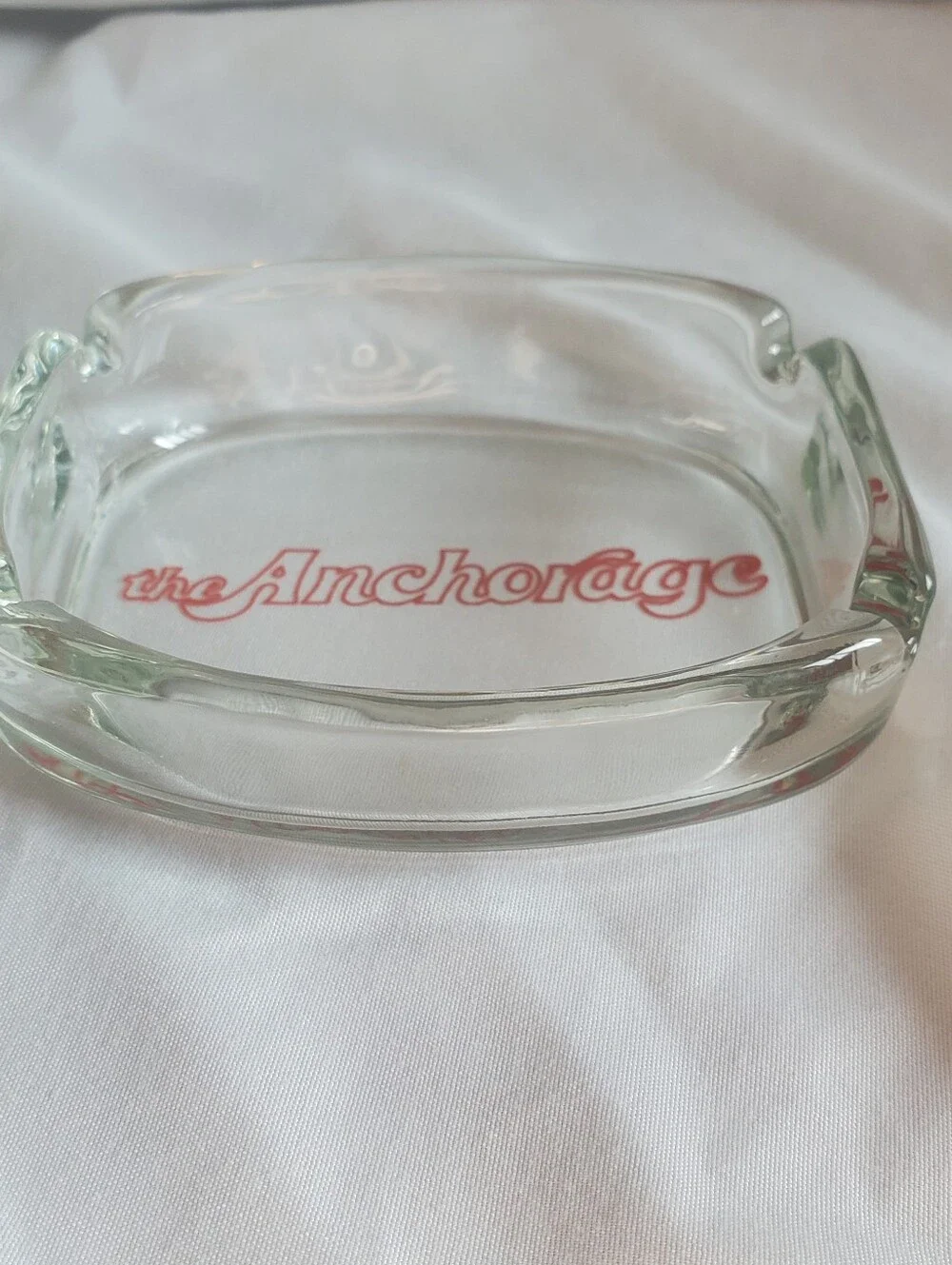 The Anchorage Vintage Clear Glass Ashtray with Red Script Logo Retro MCM EUC